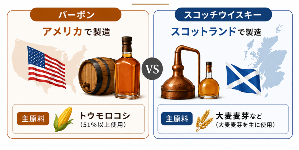 バーボンとスコッチの違いイラスト